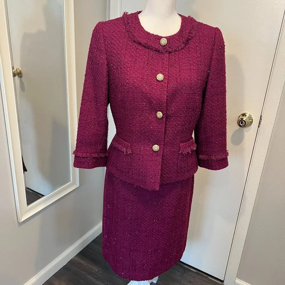Tahari ASL Magenta Metallic Tweed Skirt Suit with Fringe Detail, Size 10 - Picture 2 of 16